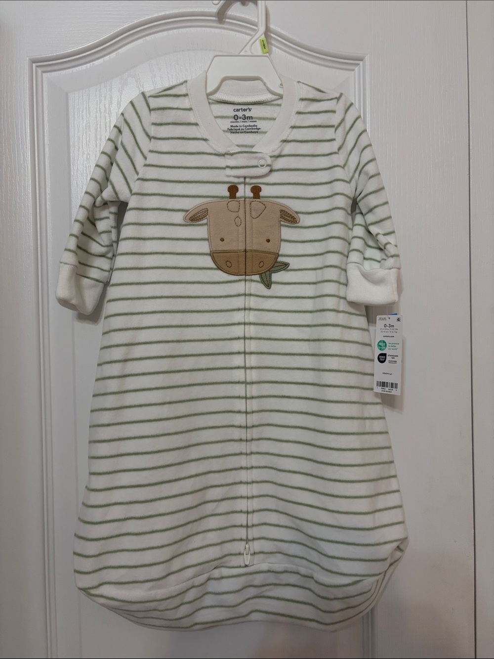 Carter's 0-3M fleece long sleeve sleep sack with Cow Green Stripe 2-way zipper